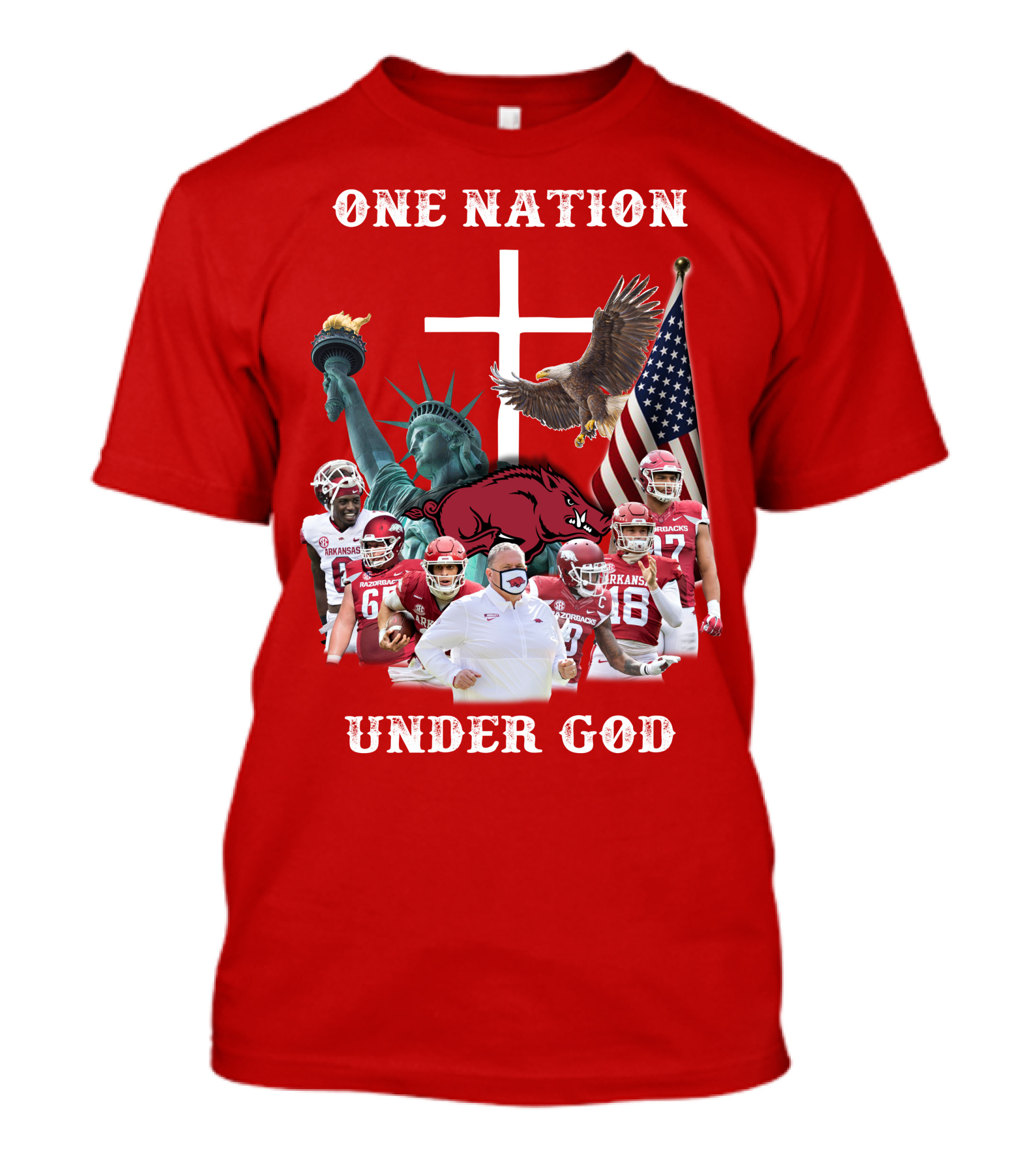 ONE NATION UNDER GOD Arkansas Razorbacks Football Liberty Statue Eagle Flag T-Shirt