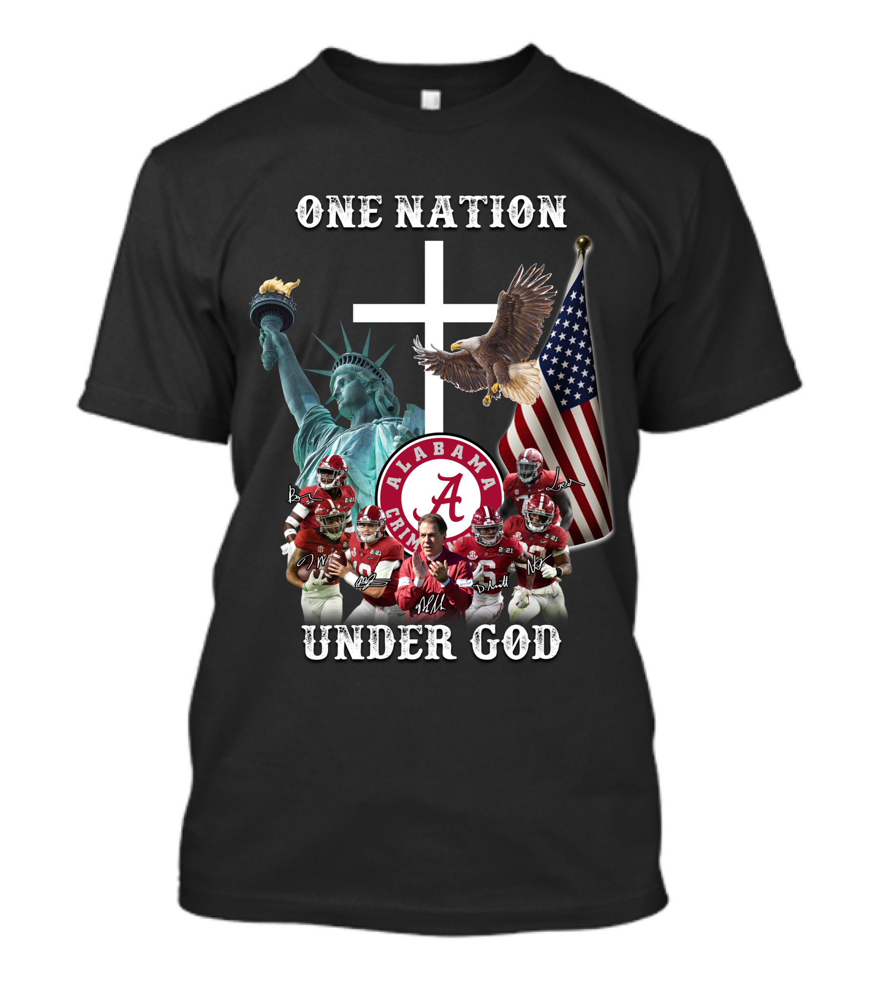 One Nation Under God Alabama Crimson Tide Football Statue Of Liberty American Flag Eagle T-Shirt