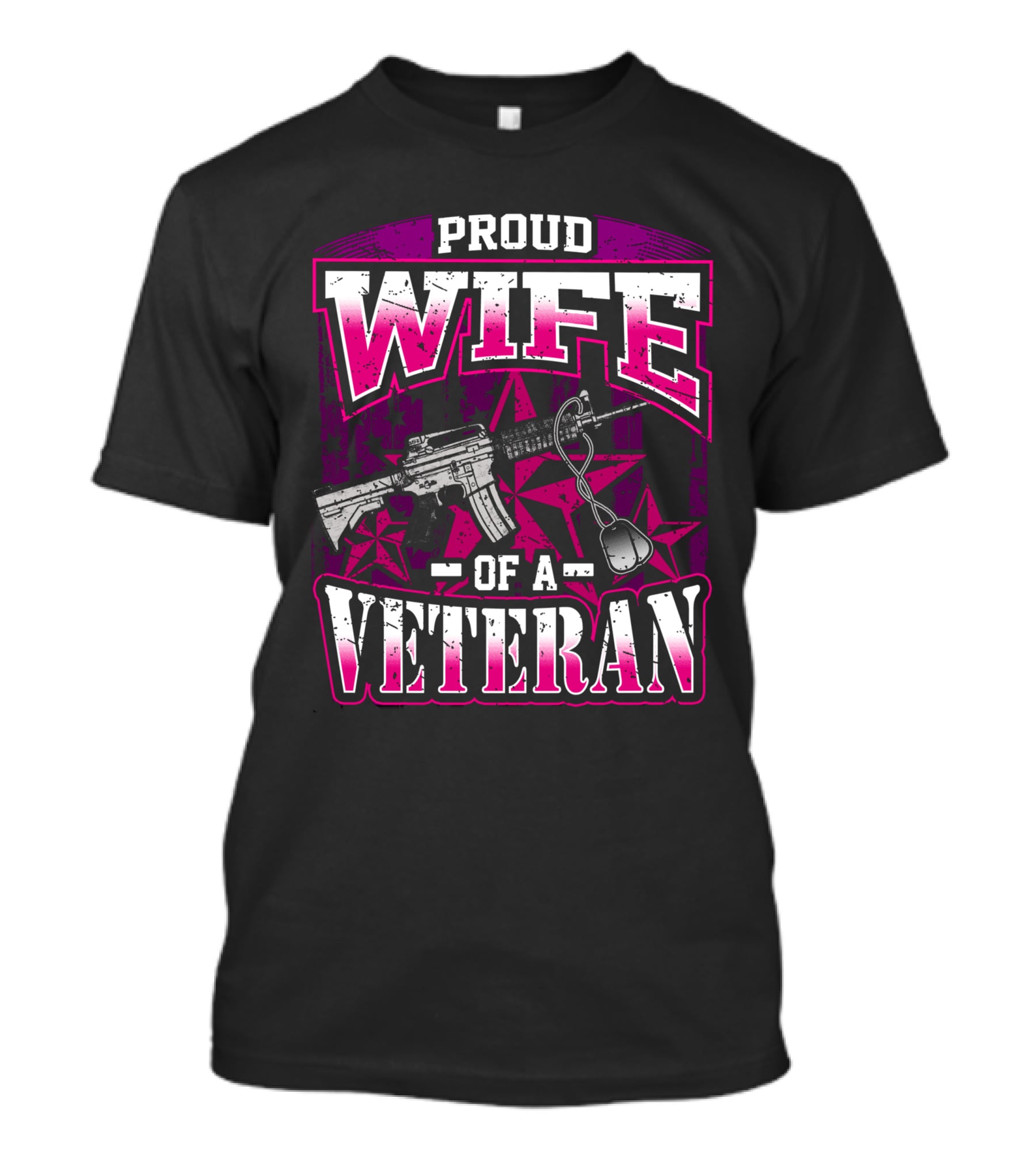 Proud Wife Of A Veteran Military Wife Rifle And Dog Tags Stars Background T-Shirt