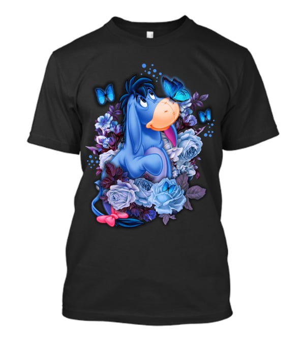 Eeyore Surrounded By Blue Flowers And Butterflies T-Shirt
