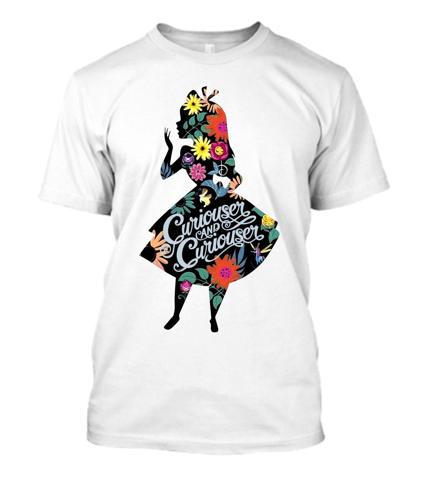 Curiouser And Curiouser Alice Silhouette With Colorful Floral T-Shirt