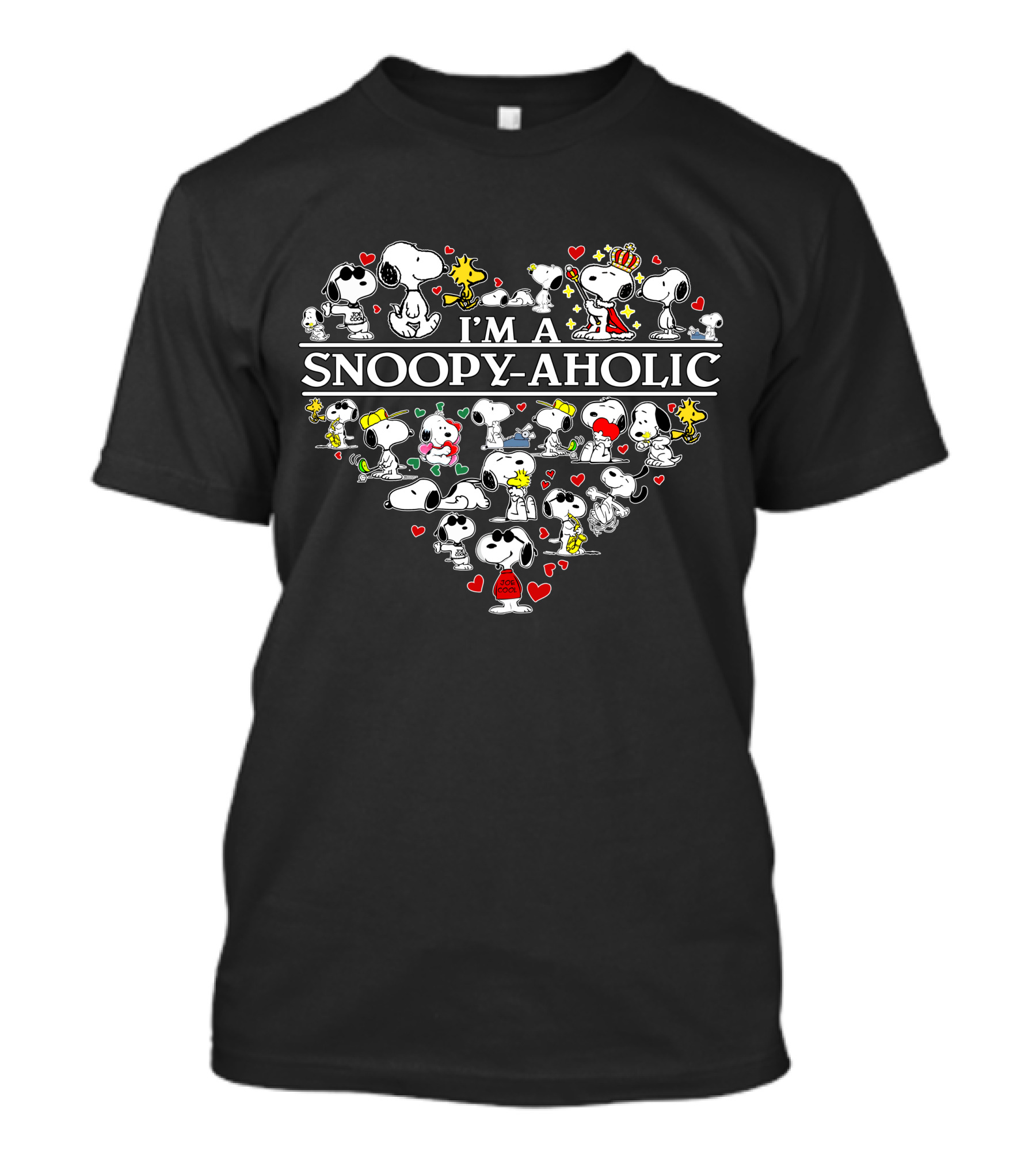 I'm A Snoopy-Aholic Peanuts Heart Collage Of Snoopy And Woodstock With Love Hearts T-Shirt