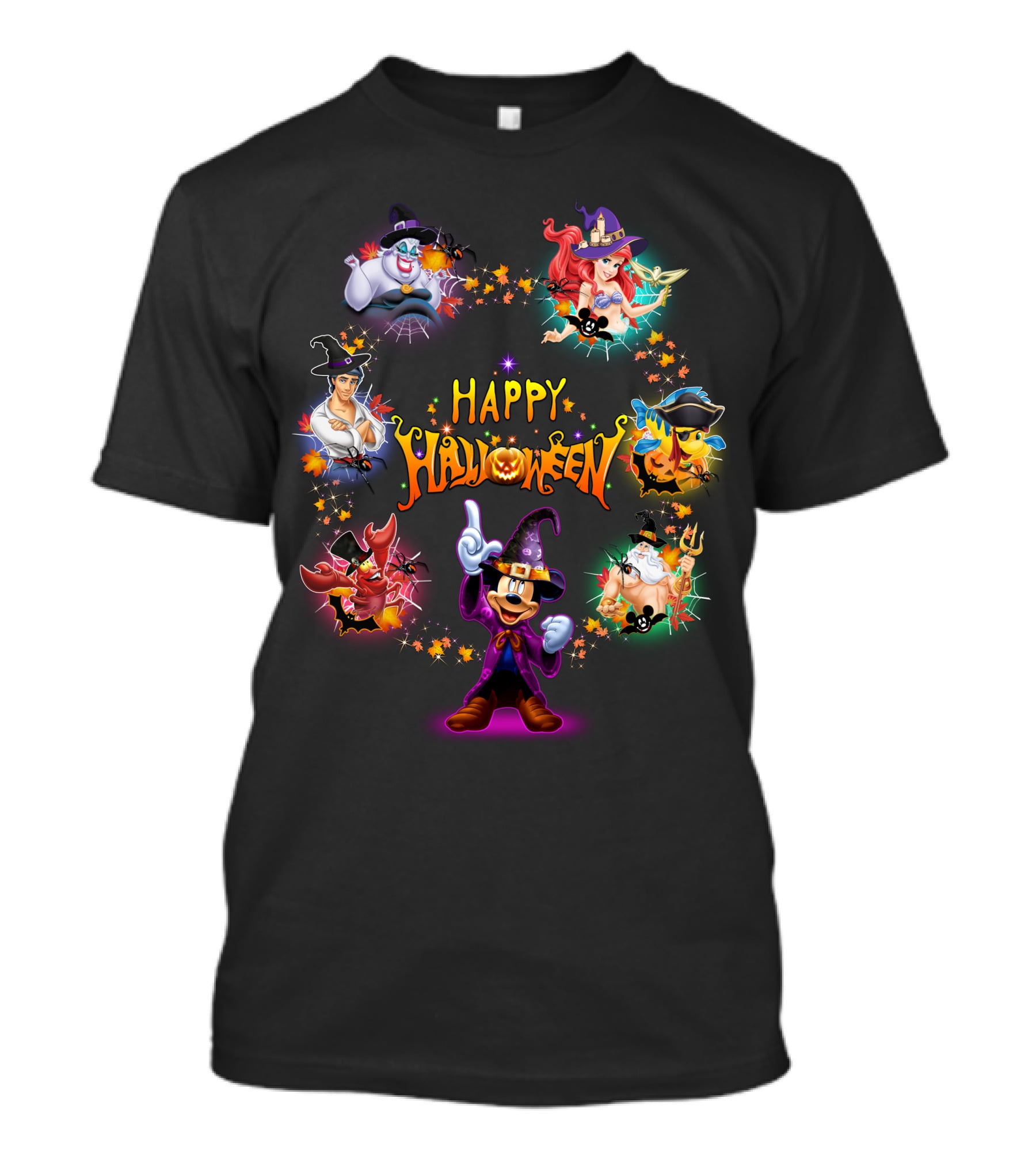 Happy Halloween Mickey Ariel Ursula Sebastian Pirate Captain Hook Disney Characters T-Shirt