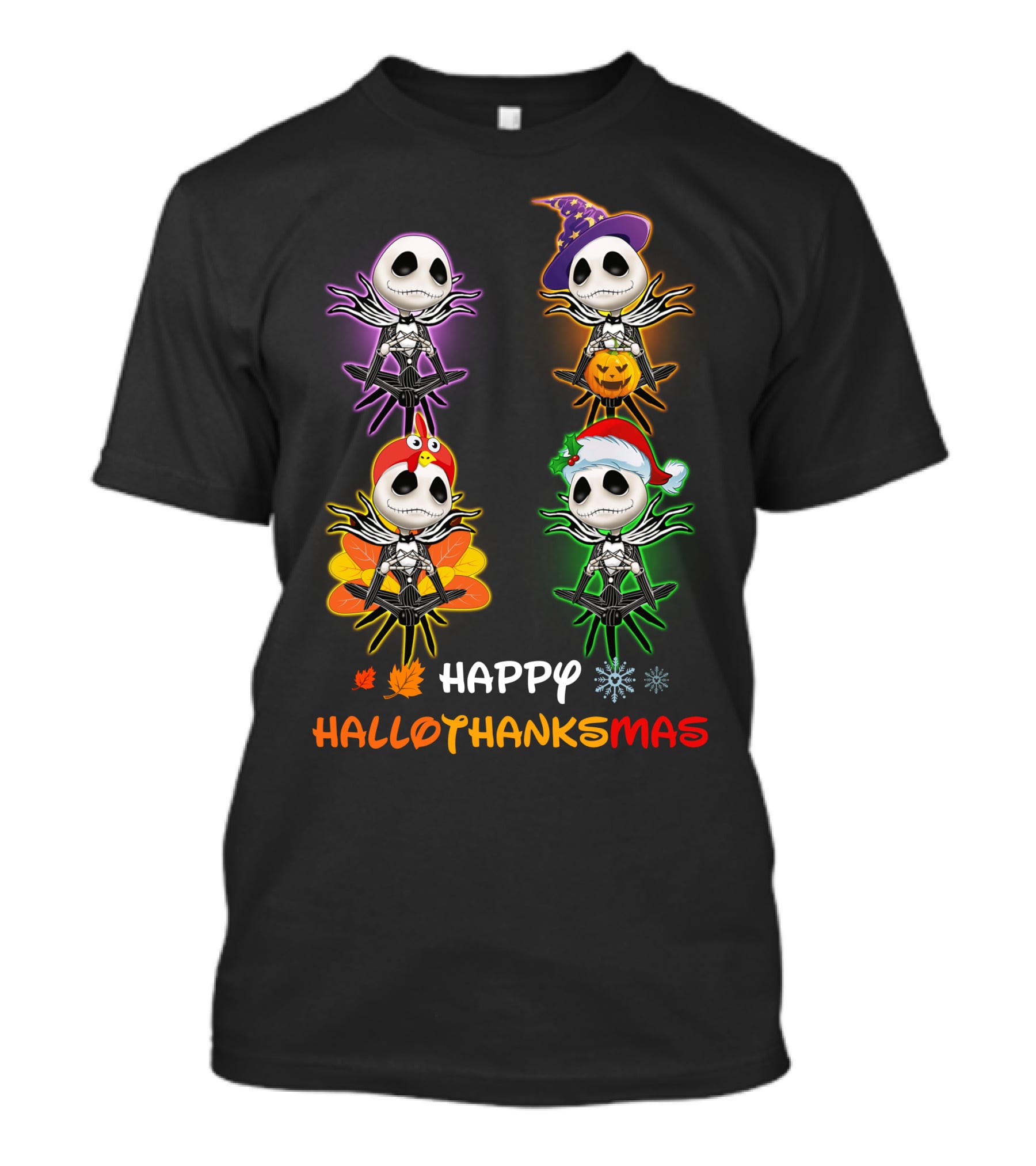 Happy Hallothankmas Jack Skellington Pumpkin Hat Turkey Leaf Snowflake T-Shirt