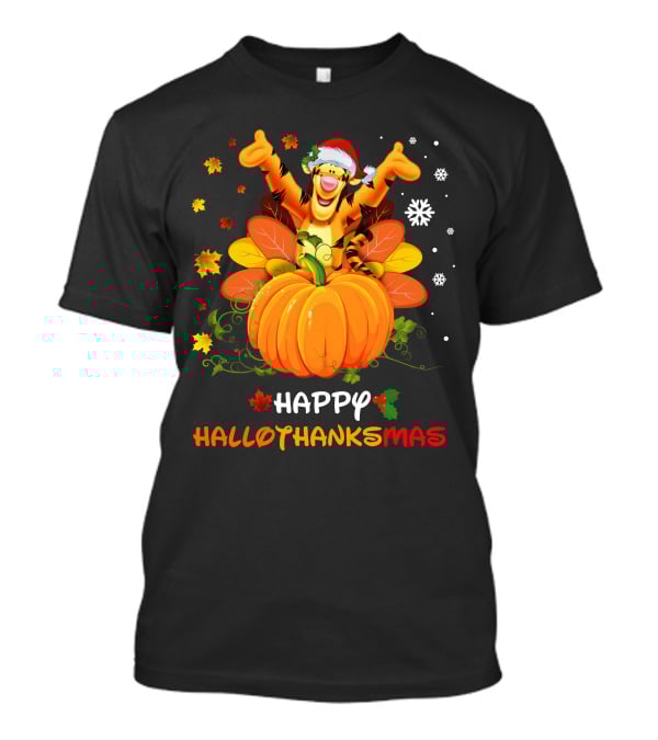 Happy Hallothankmas Tigger Santa Pumpkin Snowflakes Leaves T-Shirt