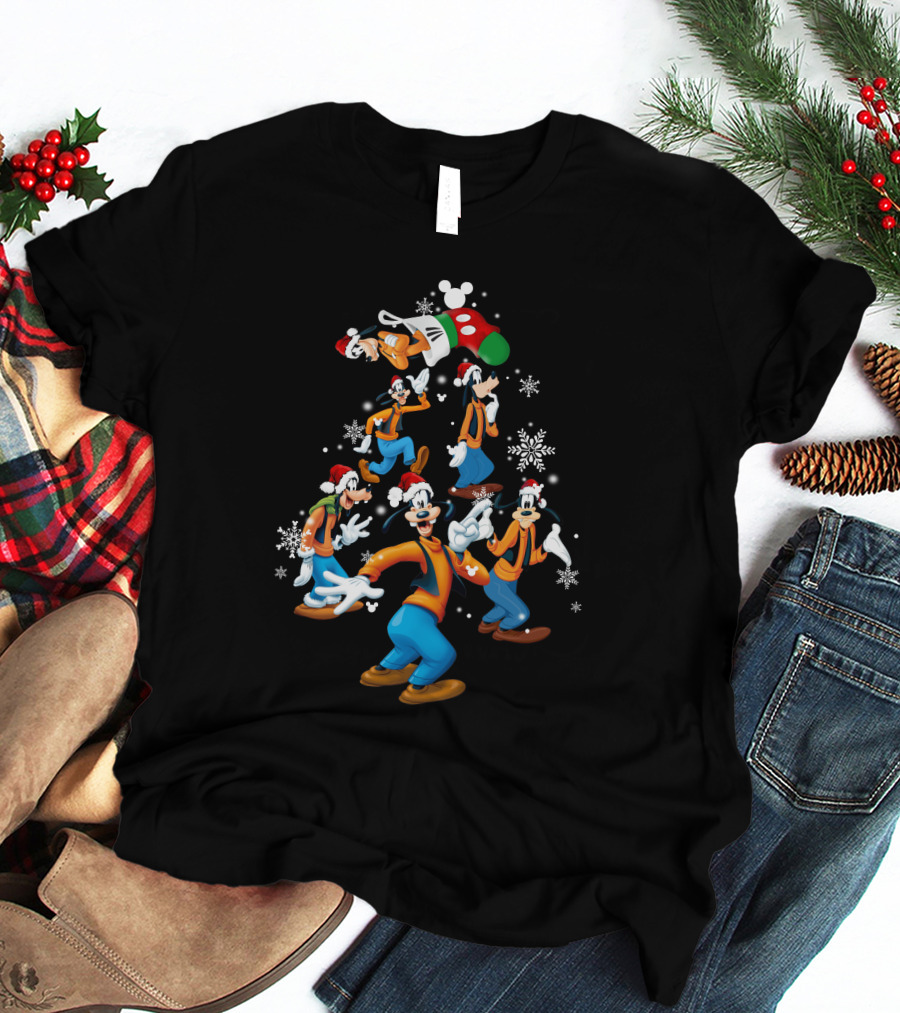 Disney Goofy Christmas Tree With Santa Hat And Snowflakes T-Shirt