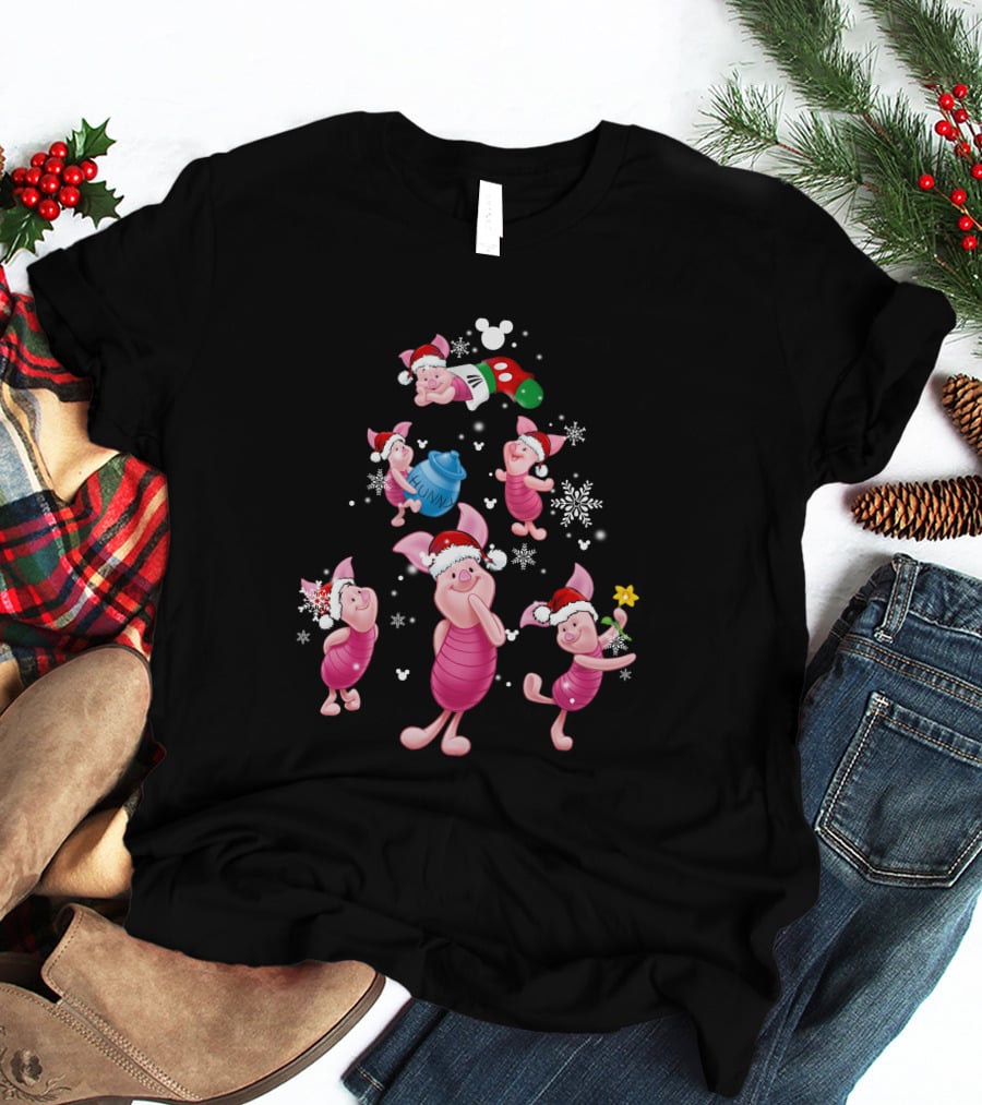 Piglet Christmas Snowflakes And Santa Hat Magic T-Shirt