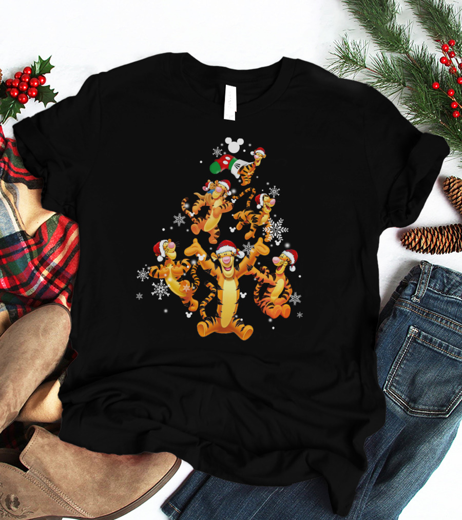 Tigger Christmas Tree Snowflakes Santa Hats Disney Mickey Icons T-Shirt
