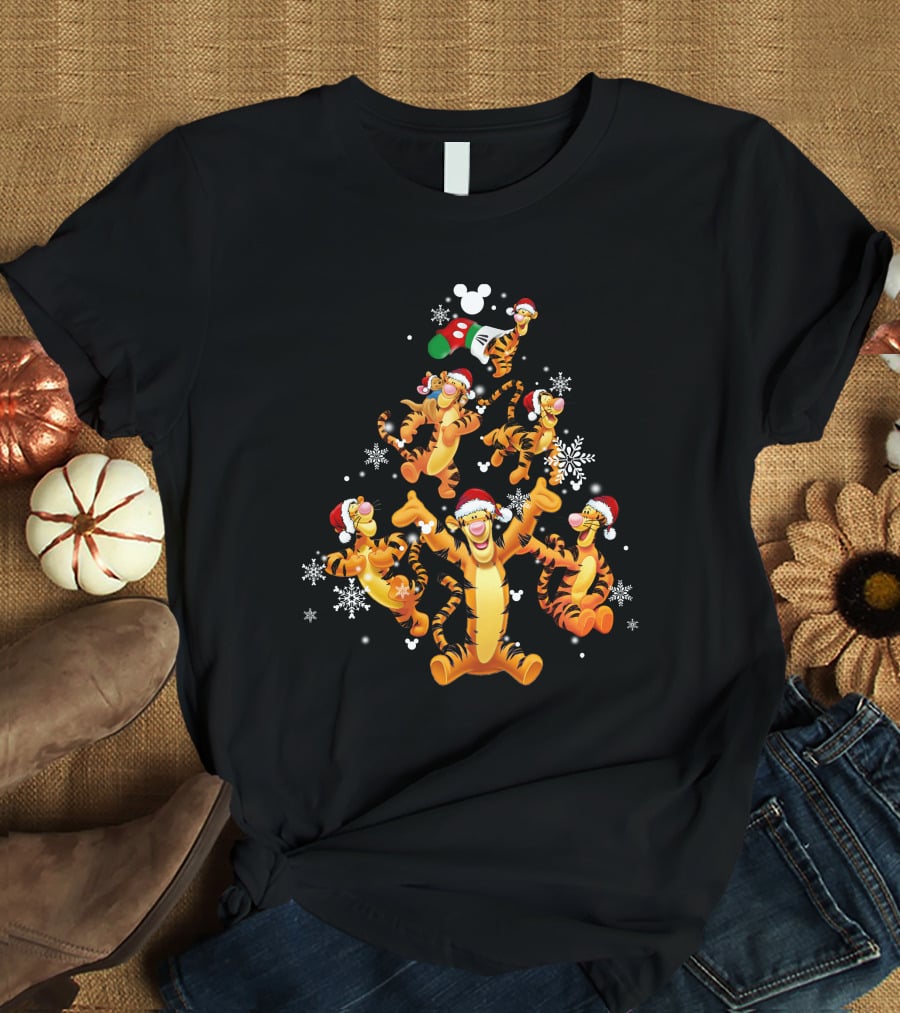 Tigger Christmas Tree Snowflakes Santa Hats Disney Mickey Icons T-Shirt