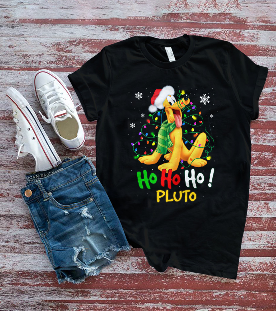 Ho Ho Ho Pluto Christmas Lights Santa Hat Snowflakes Scarf T-Shirt