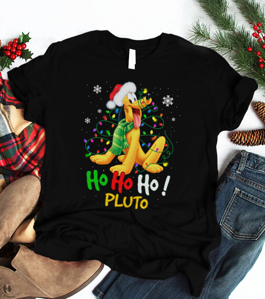 Ho Ho Ho Pluto Christmas Lights Santa Hat Snowflakes Scarf T-Shirt