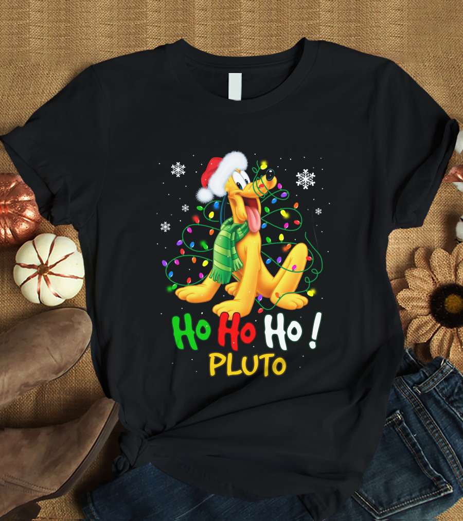 Ho Ho Ho Pluto Christmas Lights Santa Hat Snowflakes Scarf T-Shirt