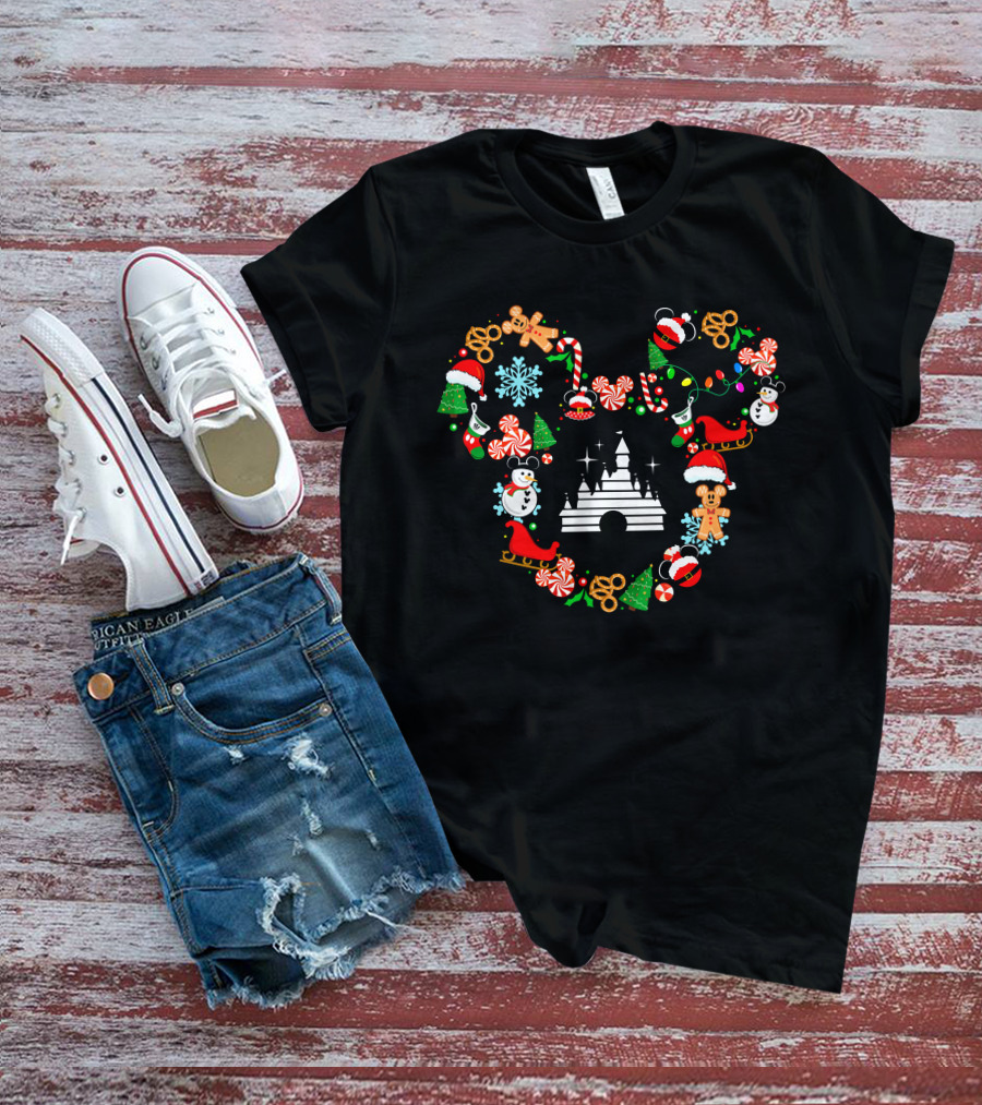 Disney Christmas Castle Mickey Head Holiday Icons T-Shirt