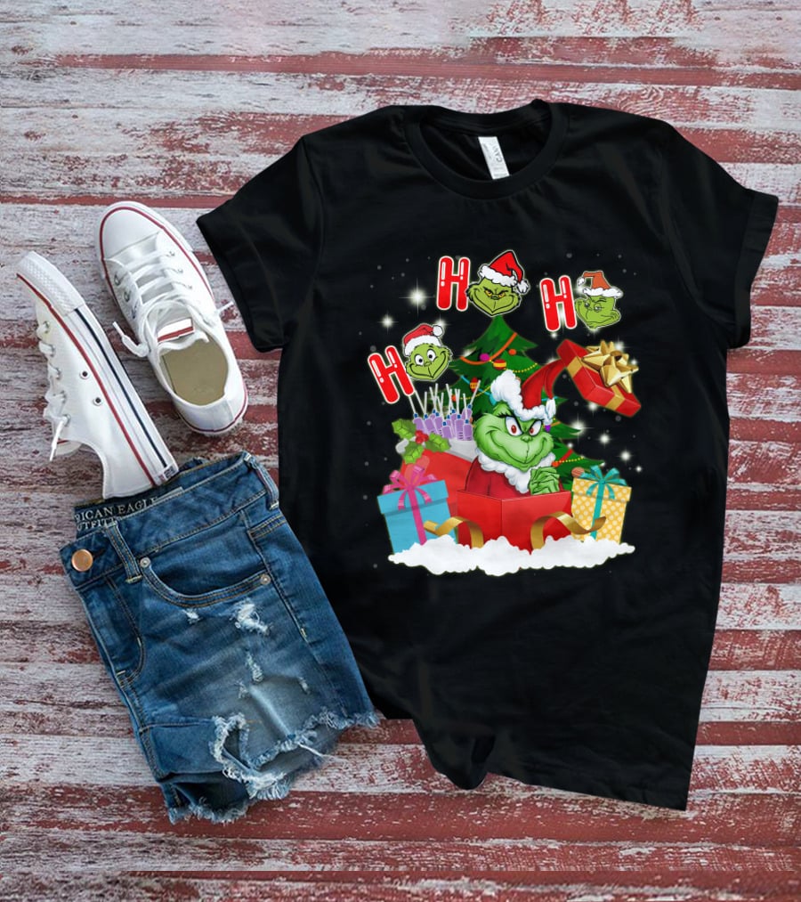 Grinch Christmas Ho Ho Ho Presents Tree Gifts Holiday Scene T-Shirt