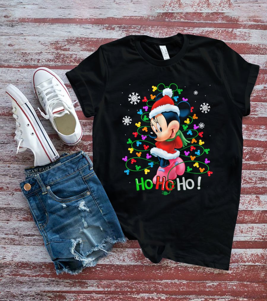 MN HHH Christmas Ho Ho Ho Santa Mickey Mouse Snowflakes Lights T-Shirt