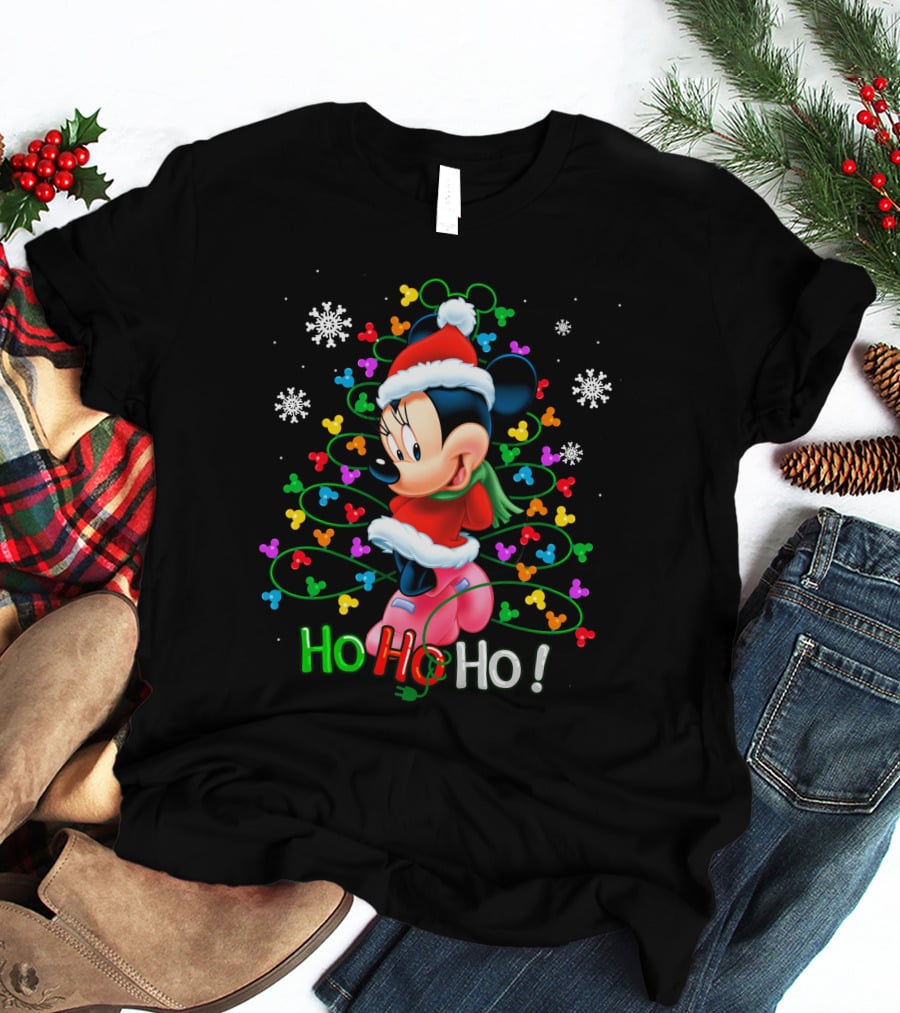 MN HHH Christmas Ho Ho Ho Santa Mickey Mouse Snowflakes Lights T-Shirt