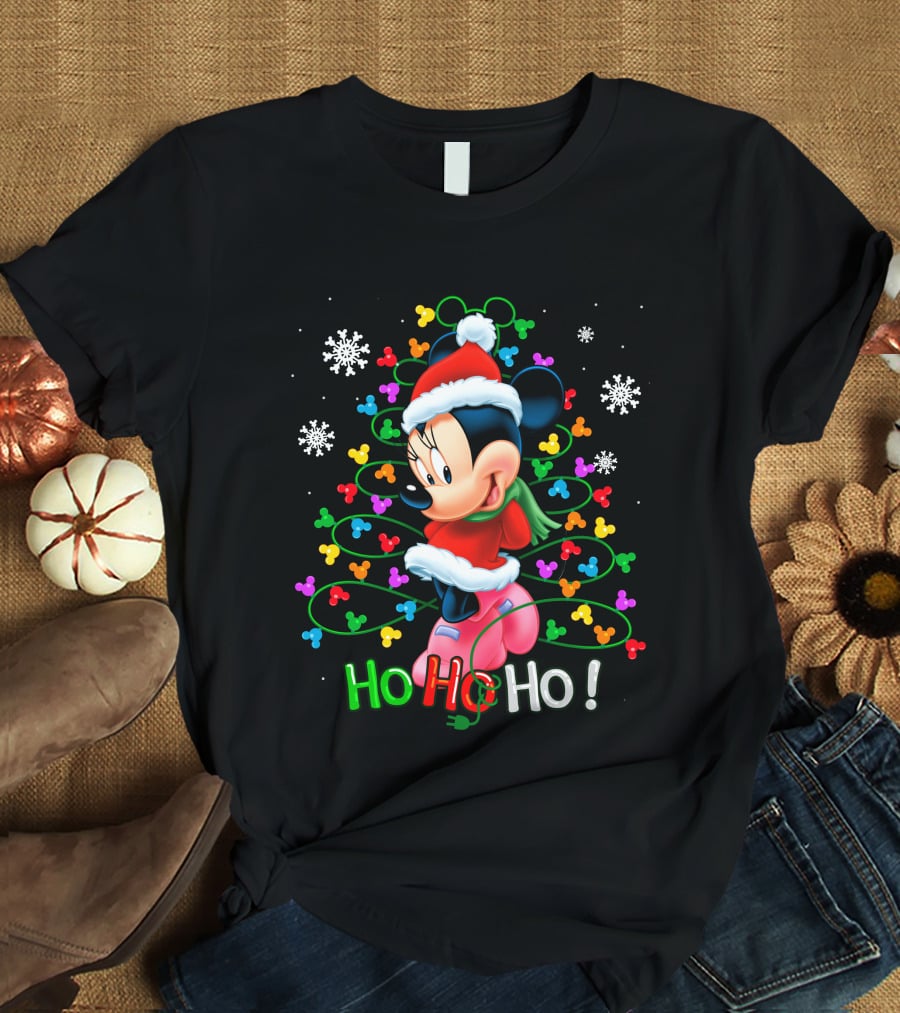 MN HHH Christmas Ho Ho Ho Santa Mickey Mouse Snowflakes Lights T-Shirt