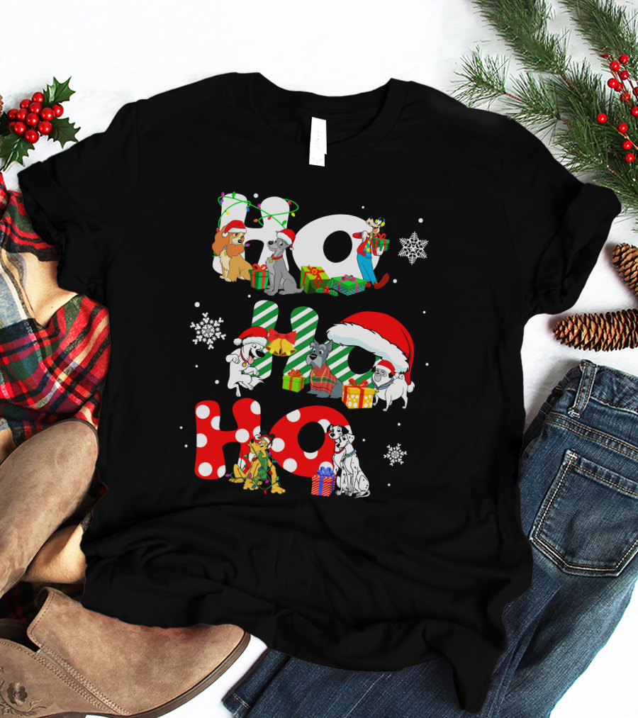 Ho Ho Ho Christmas Dogs And Snowflakes T-Shirt