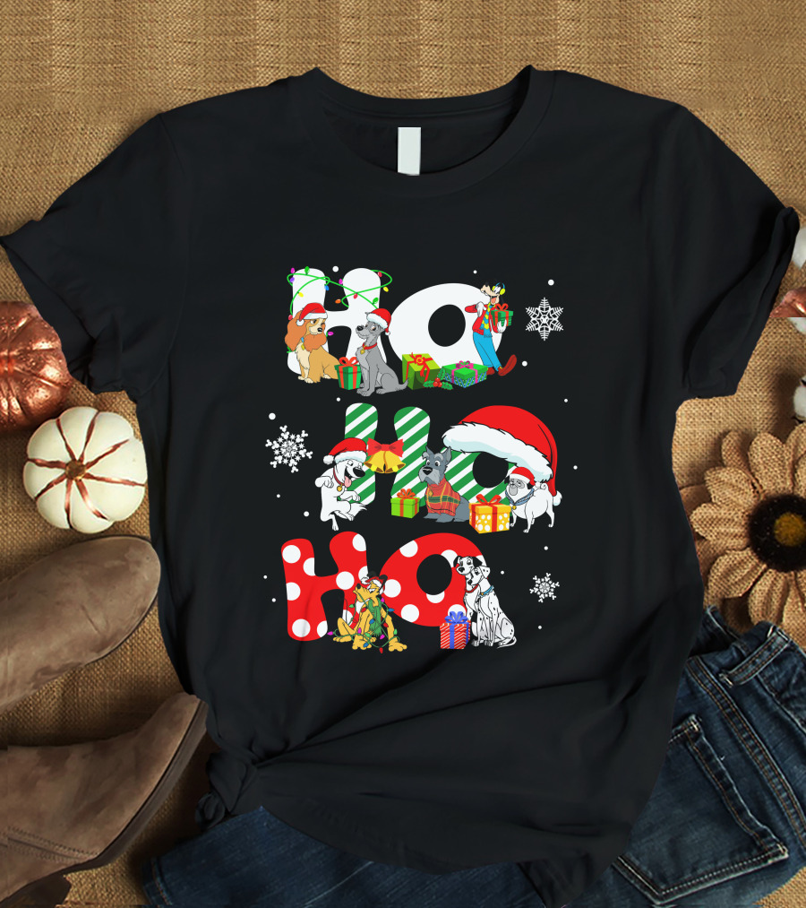 Ho Ho Ho Christmas Dogs And Snowflakes T-Shirt