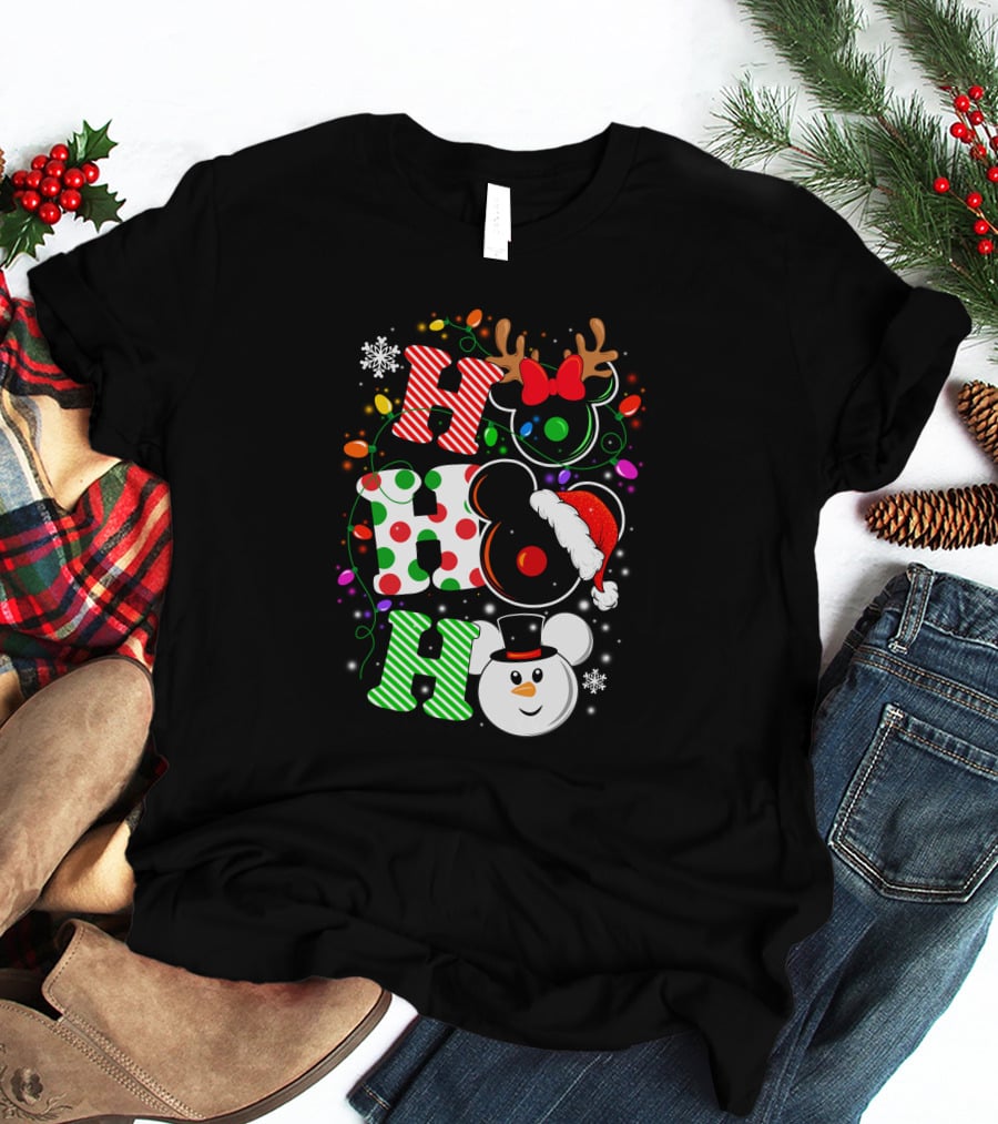 HHH Christmas Ho Ho Ho Disney Snowman Reindeer Ears Santa Hat Lights Bow T-Shirt