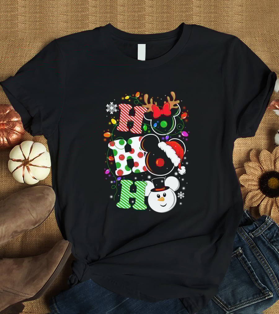 HHH Christmas Ho Ho Ho Disney Snowman Reindeer Ears Santa Hat Lights Bow T-Shirt