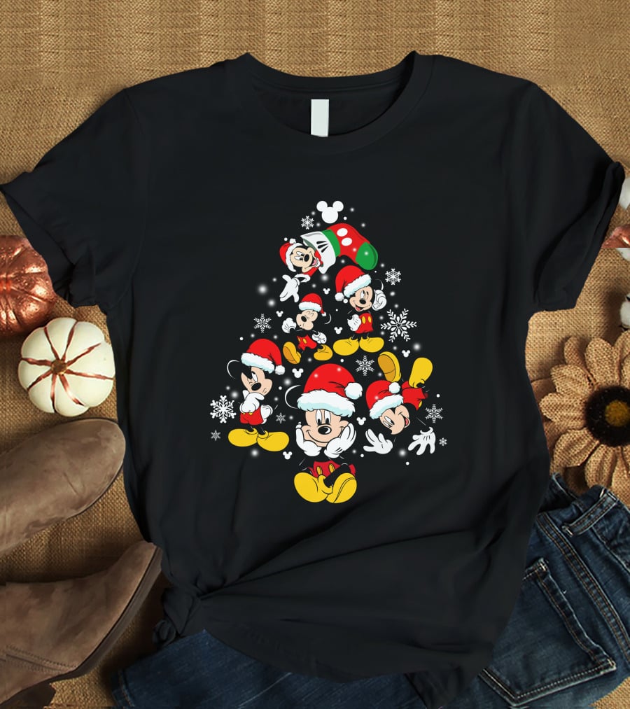 MK Tree Christmas Mickey Mouse Santa Snowflakes T-Shirt