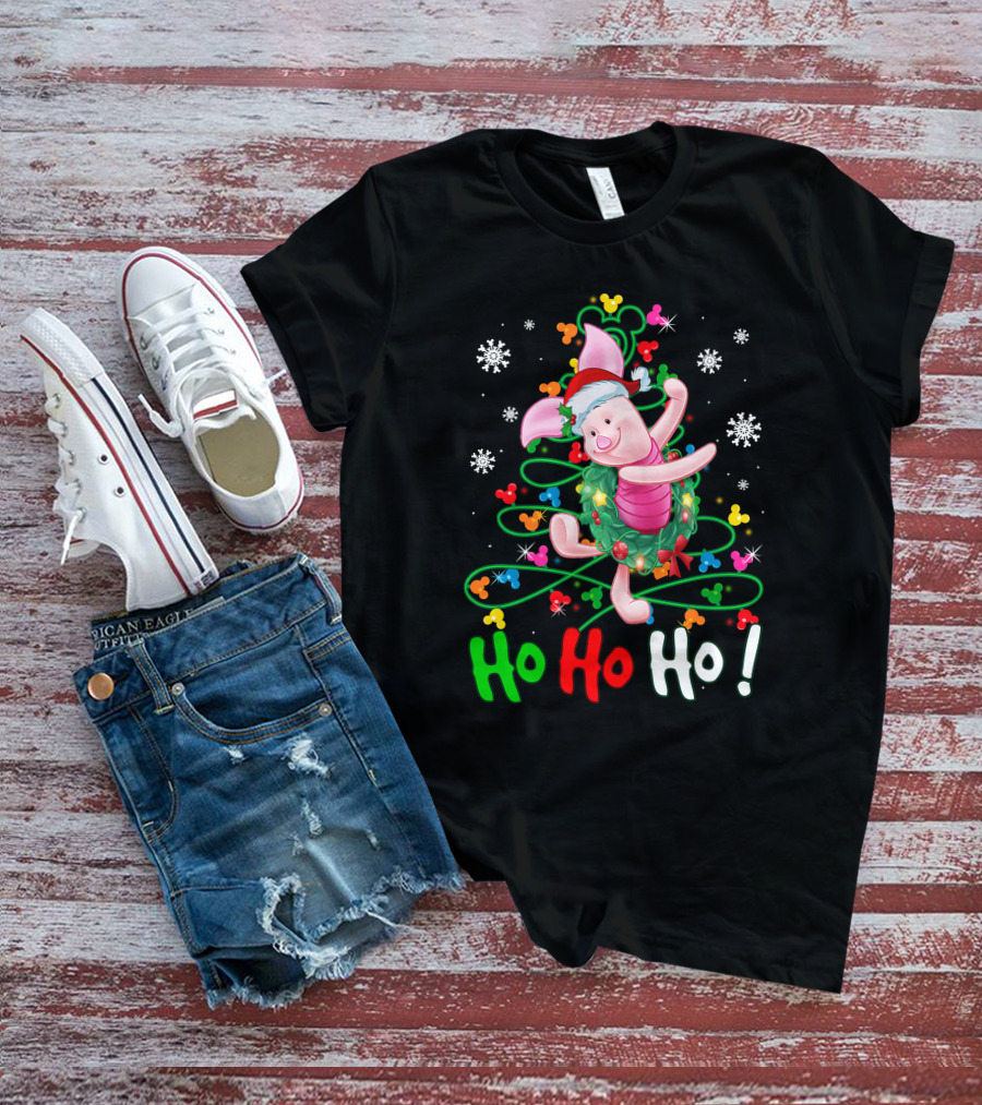 Ho Ho Ho Piglet Christmas Festive Wreath And Santa Hat T-Shirt