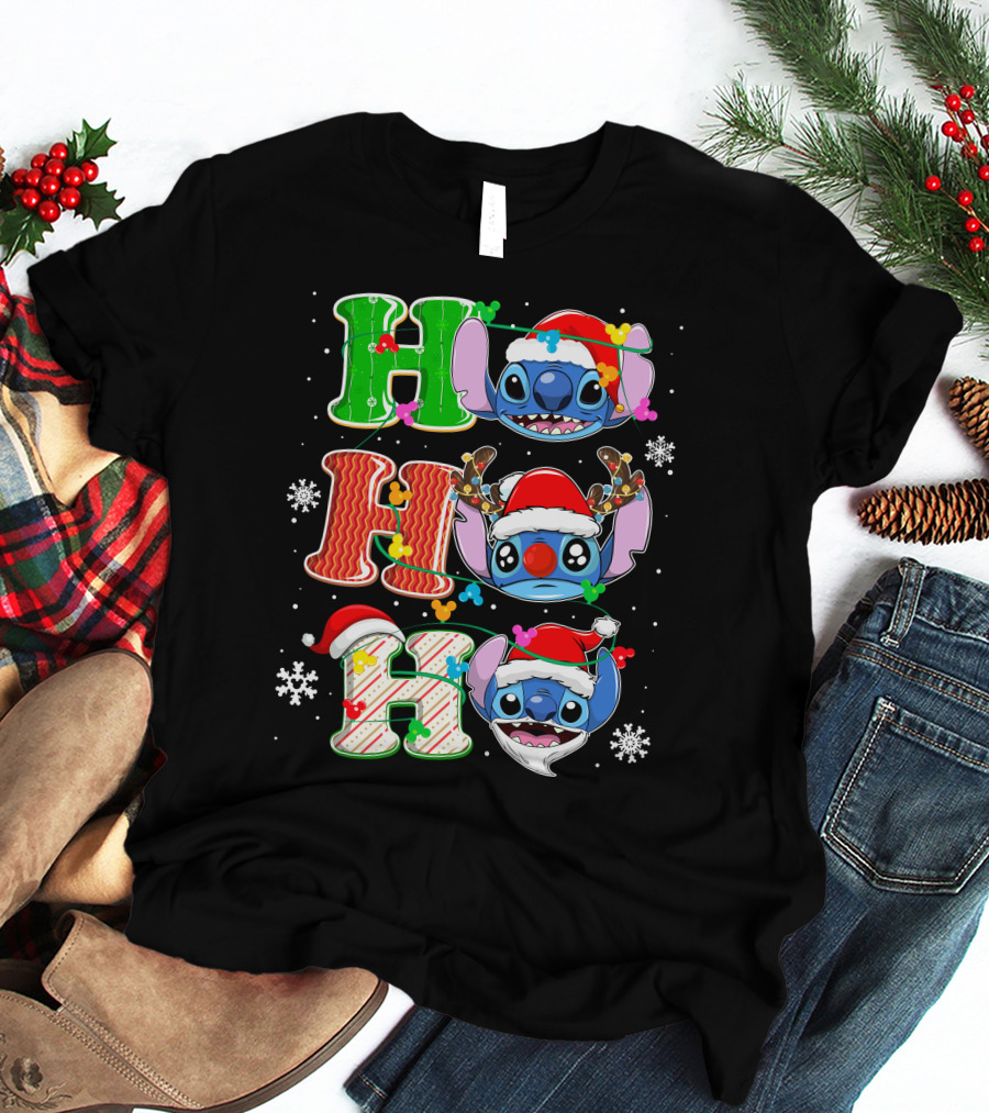 ST HHH Christmas Ho Ho Ho Stitch Holiday Sweater Santa Hat Snowflakes T-Shirt