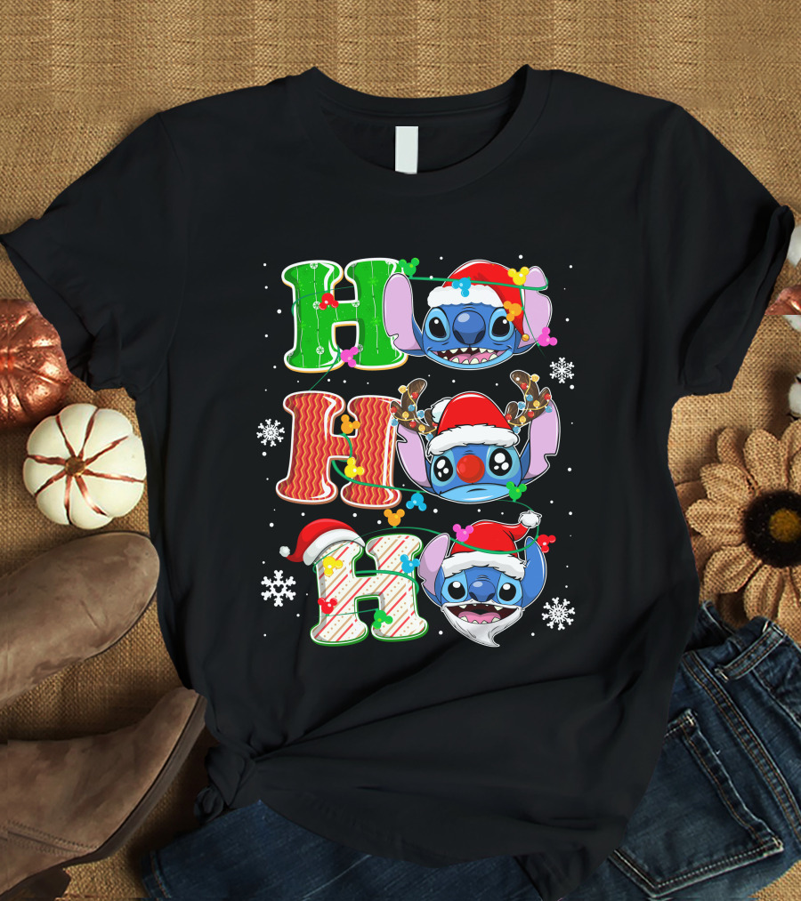 ST HHH Christmas Ho Ho Ho Stitch Holiday Sweater Santa Hat Snowflakes T-Shirt