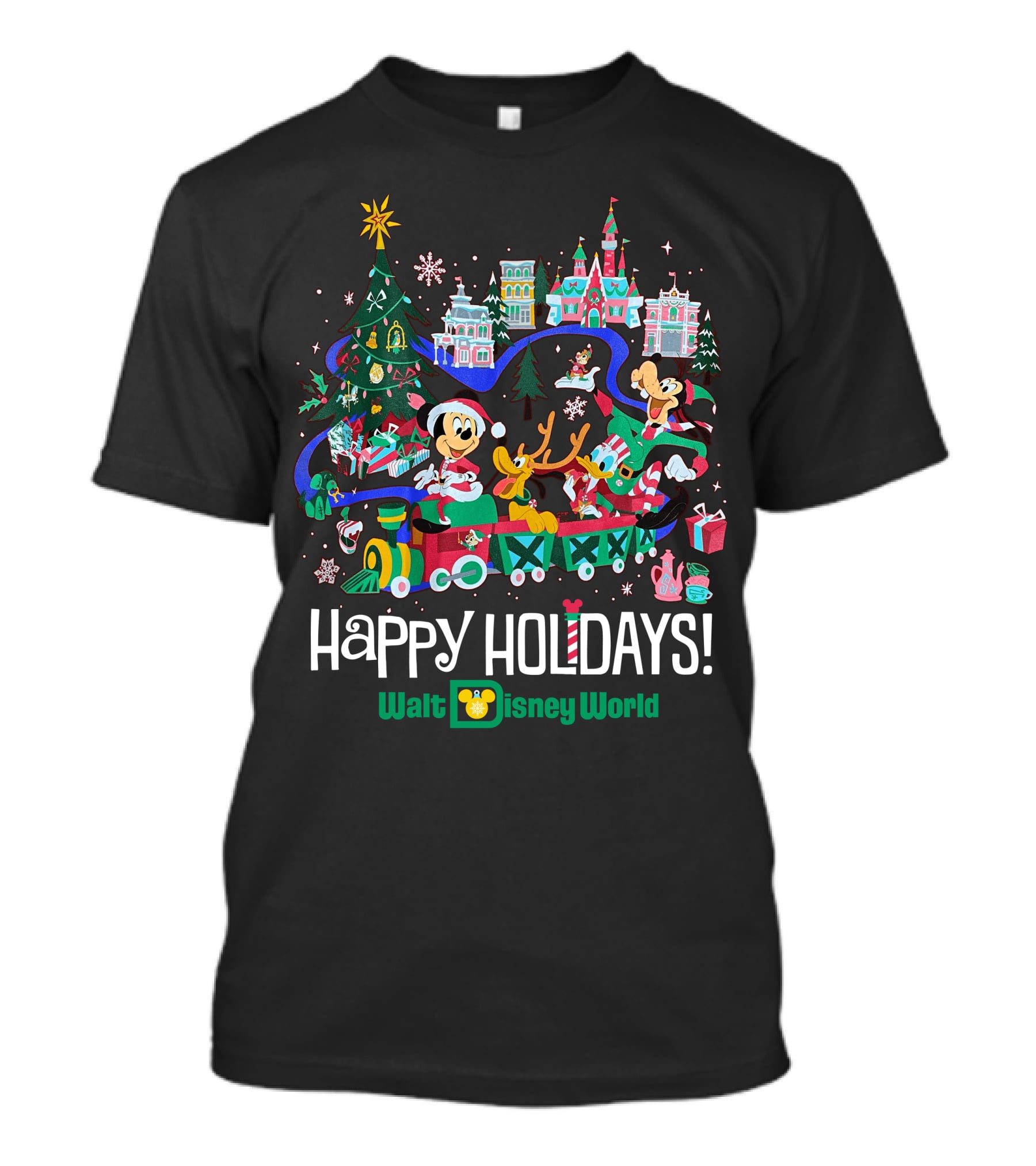 Walt Disney World Happy Holidays Christmas Mickey And Friends Festive Scene T-Shirt