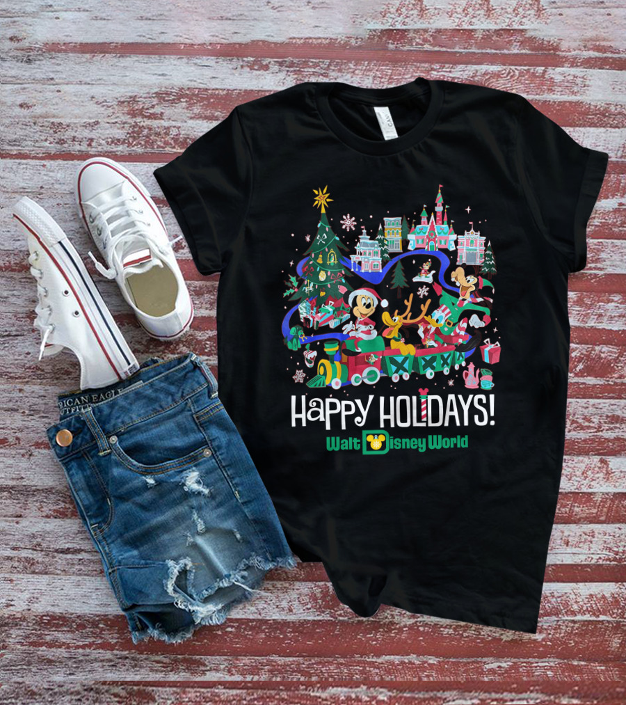 Walt Disney World Happy Holidays Christmas Mickey And Friends Festive Scene T-Shirt