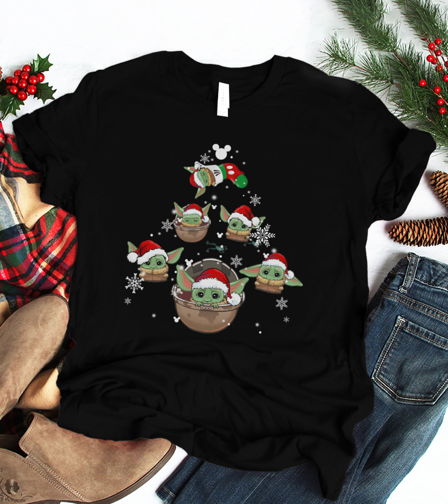 BYD Christmas Baby Yoda Holiday Tree With Santa Hats T-Shirt