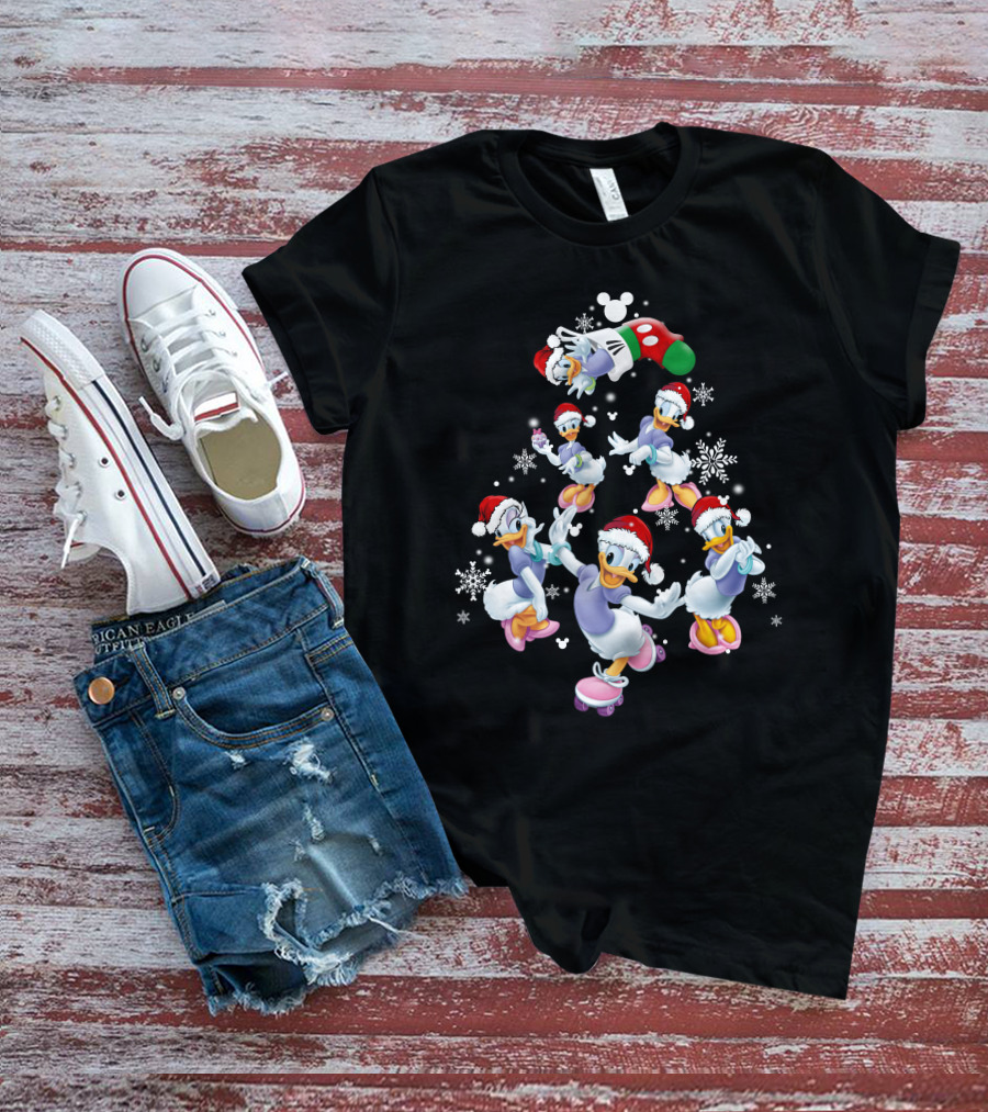 Disney Daisy Duck Christmas Celebration With Santa Hats And Snowflakes T-Shirt