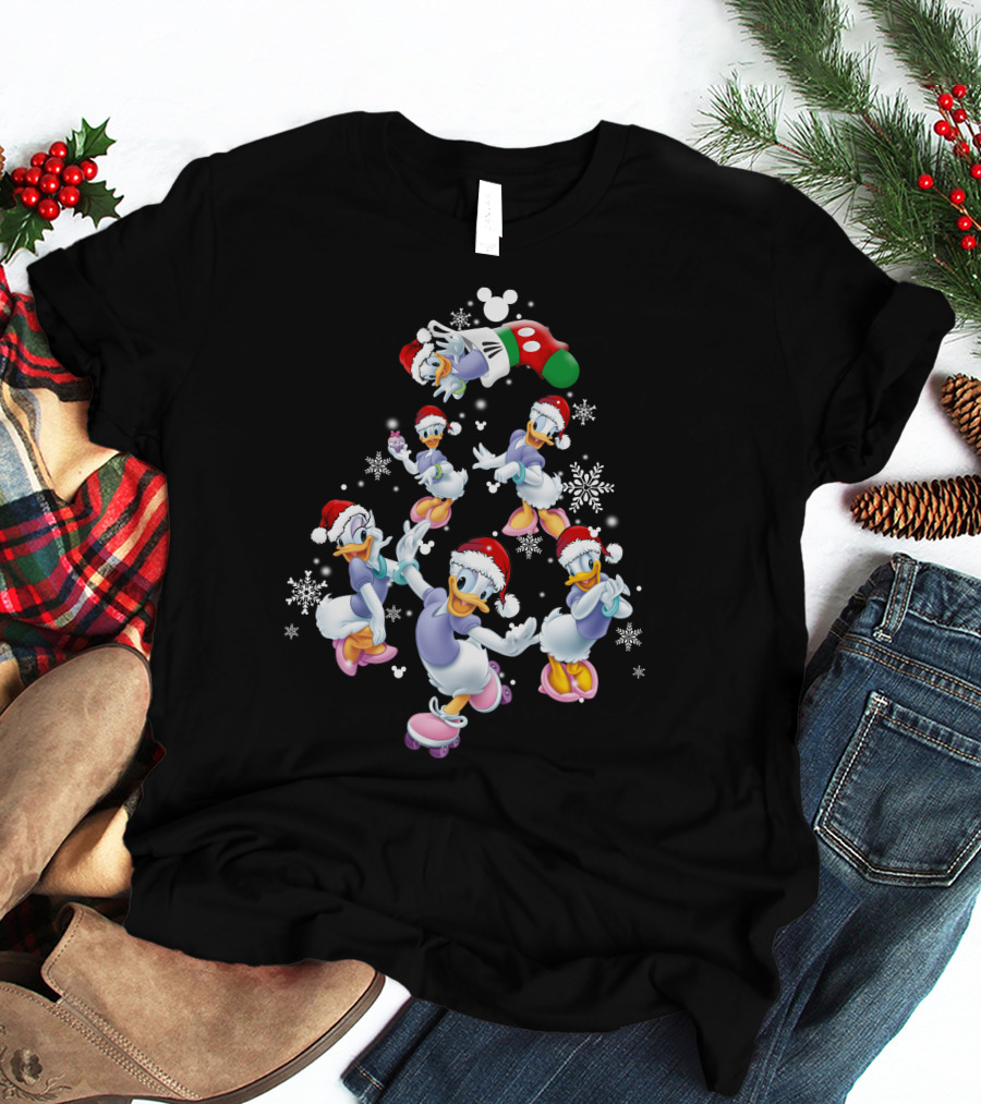Disney Daisy Duck Christmas Celebration With Santa Hats And Snowflakes T-Shirt