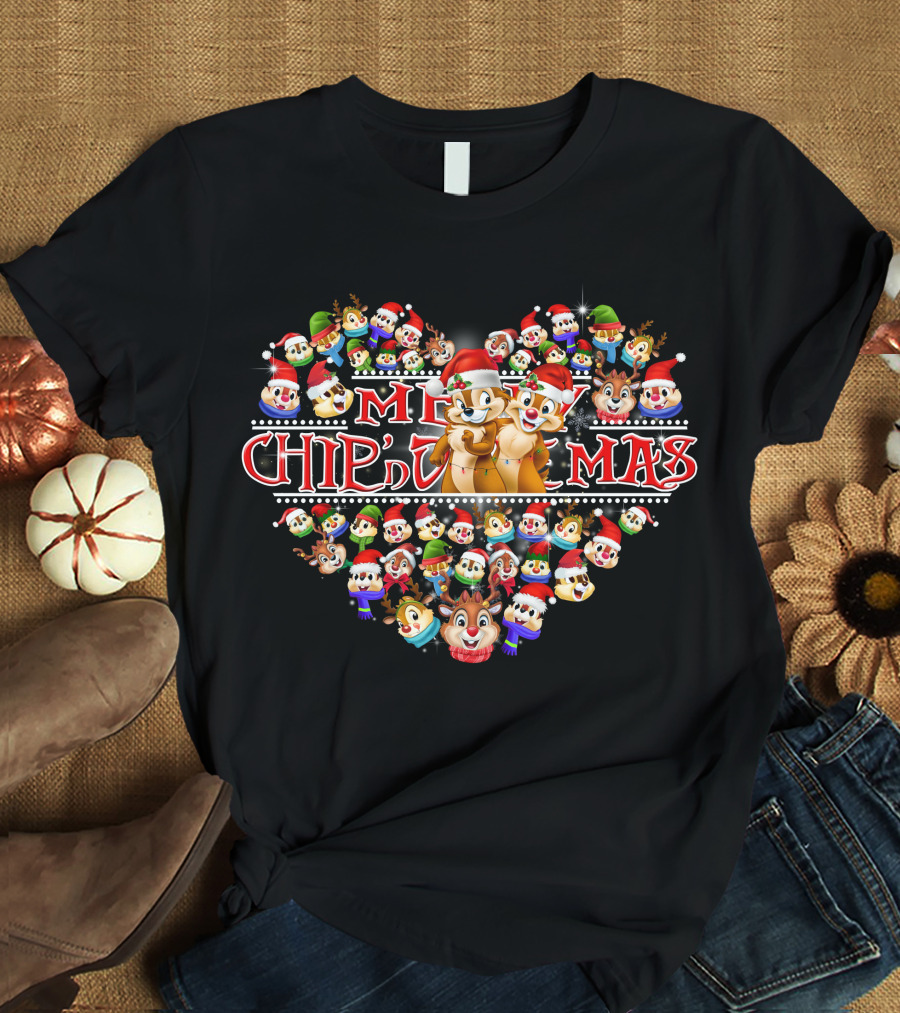 Merry Chip N Dale Christmas Heart With Festive Faces T-Shirt