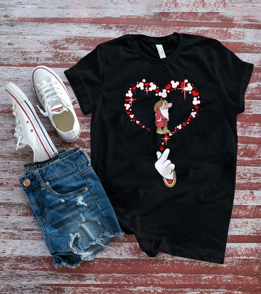 Grumpy Dwarf In Mouse Ear Heart With Iconic Glove Finger Gesture T-Shirt