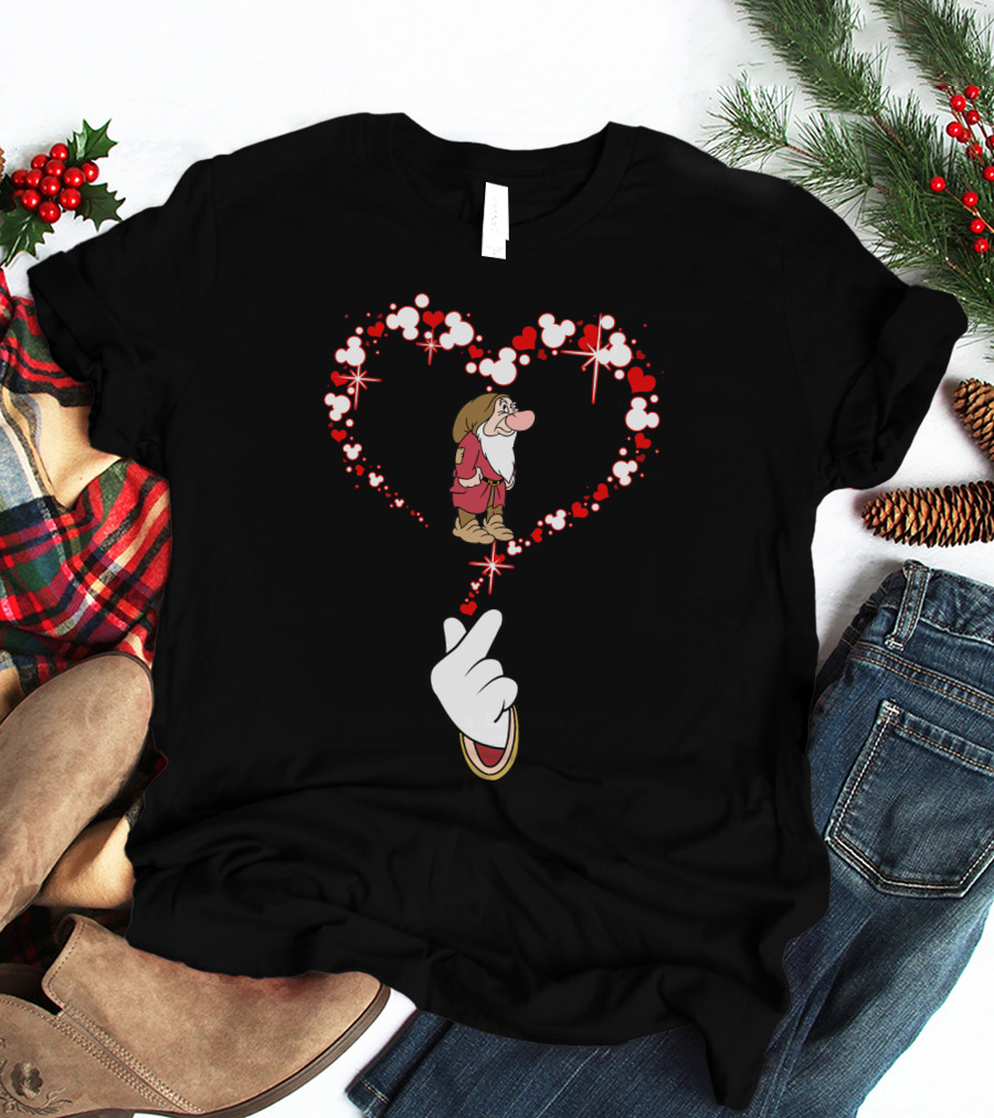 Grumpy Dwarf In Mouse Ear Heart With Iconic Glove Finger Gesture T-Shirt