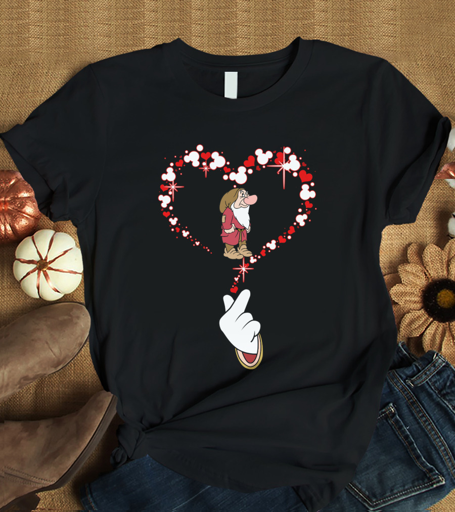 Grumpy Dwarf In Mouse Ear Heart With Iconic Glove Finger Gesture T-Shirt