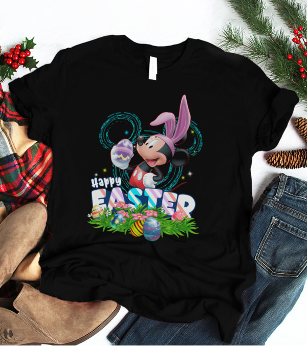 MK Happy Easter Mickey Mouse Bunny Ears Holding Colorful Easter Eggs In Grass T-Shirt