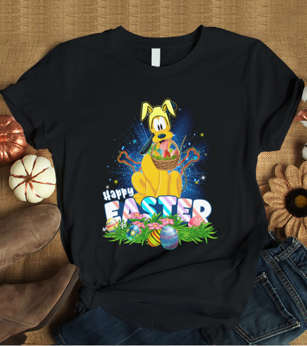 Pluto Happy Easter Basket With Eggs And Flowers T-Shirt