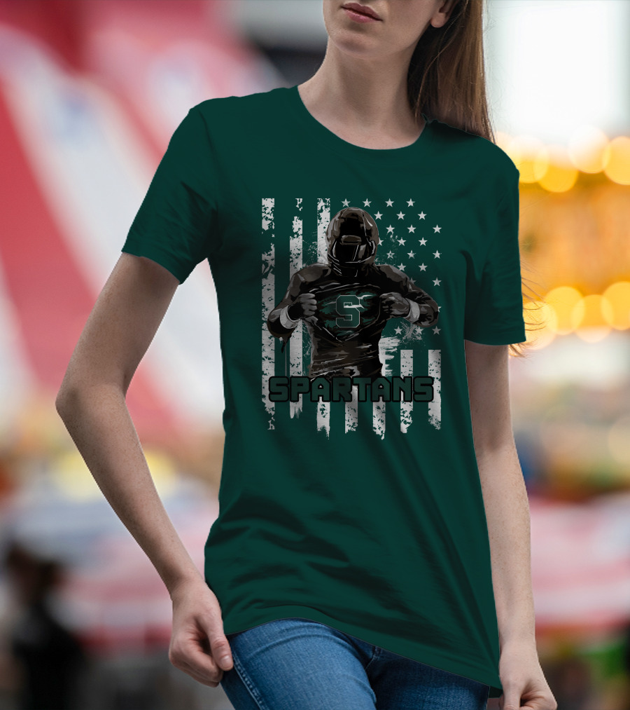 Spartans Player With S Emblem And American Flag Background T-Shirt