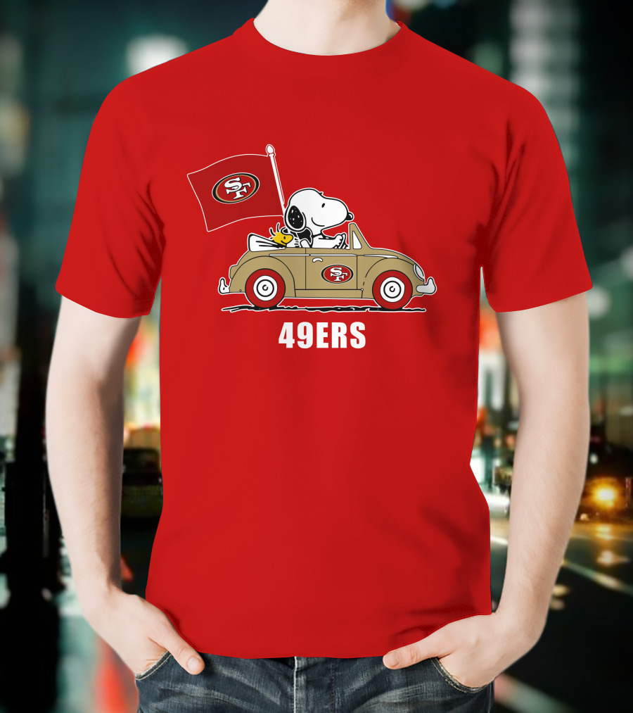 San Francisco 49ers Snoopy Driving Car With Sf Flag T-Shirt