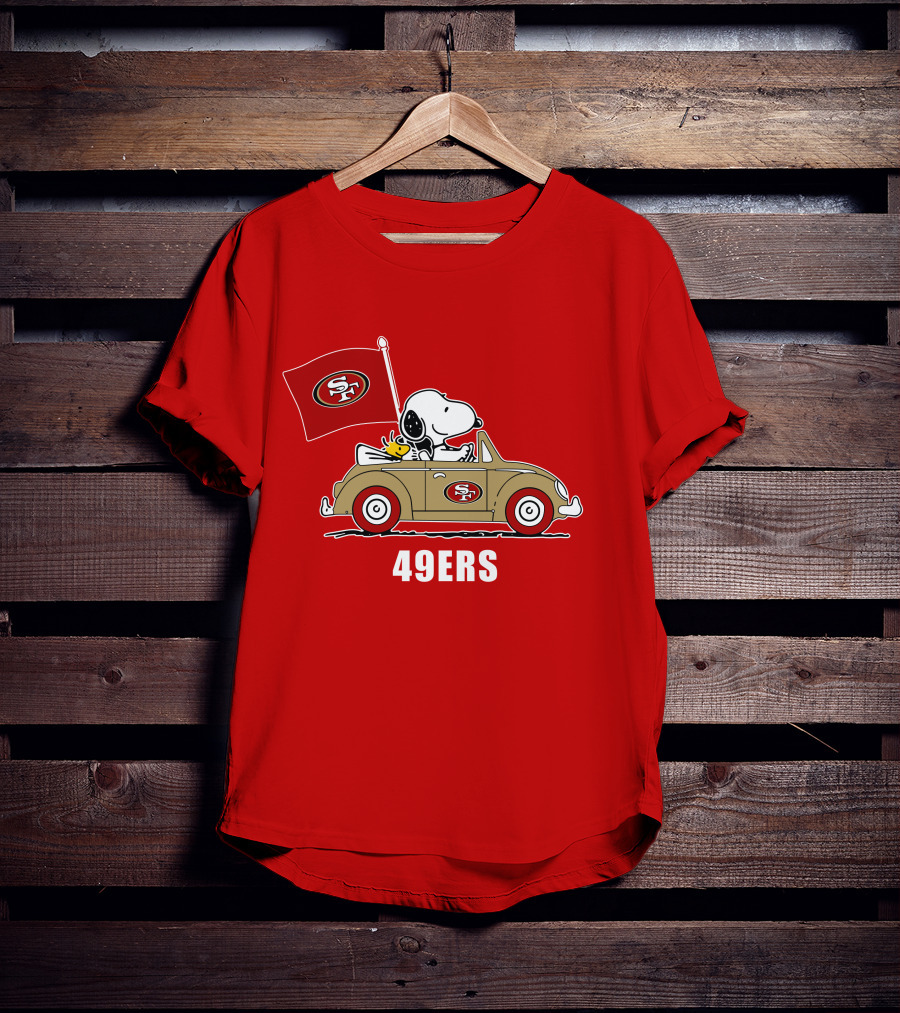 San Francisco 49ers Snoopy Driving Car With Sf Flag T-Shirt