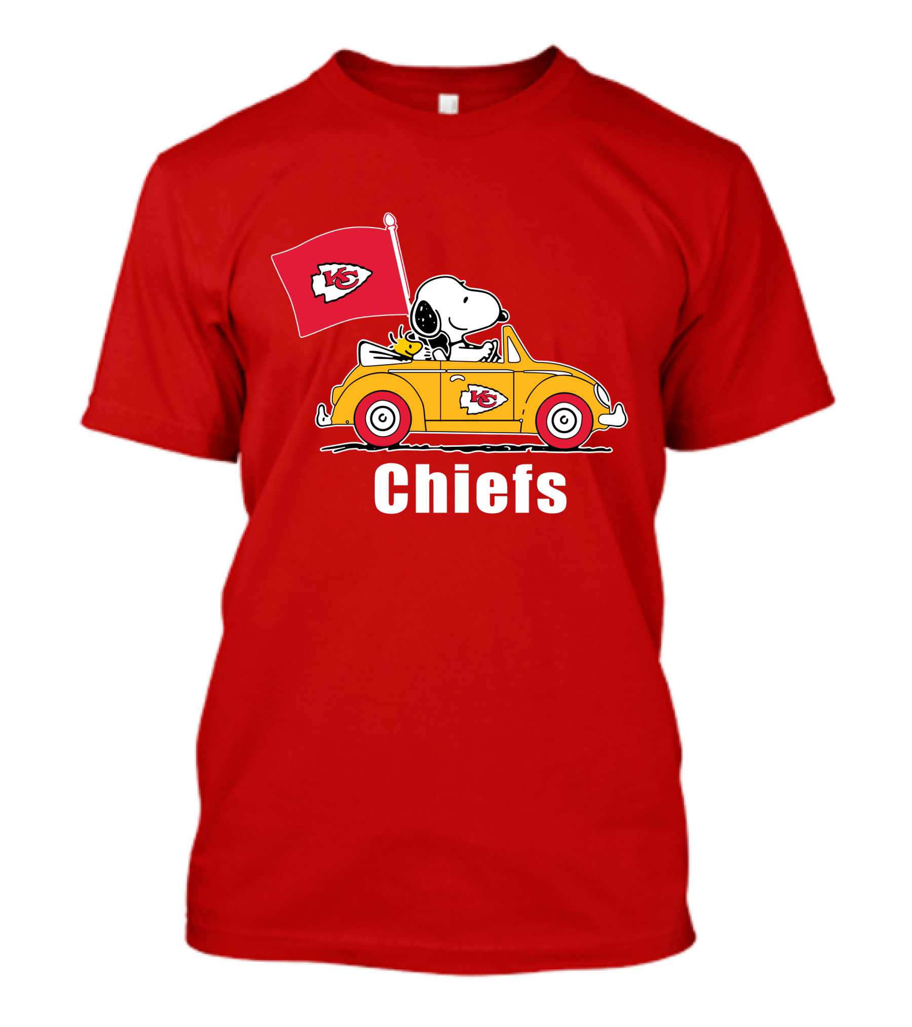 Kansas City Chiefs Snoopy Riding With Woodstock In Yellow Car T-Shirt