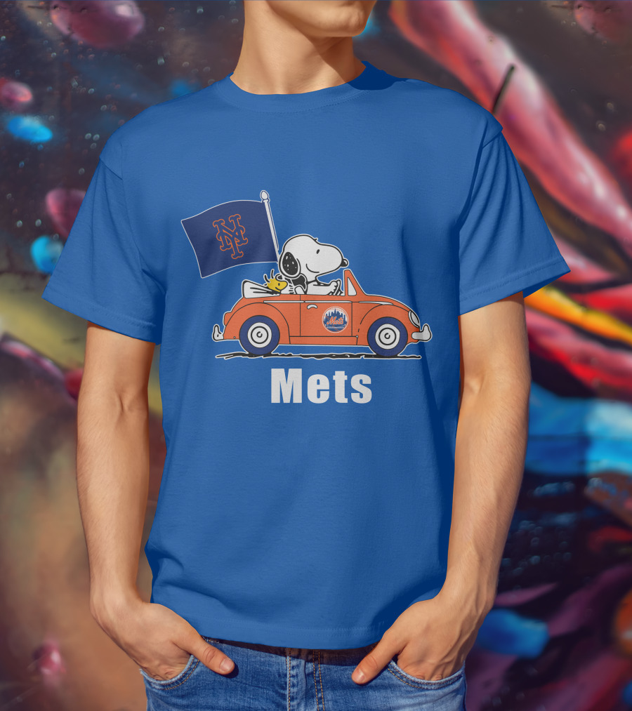 Mets Snoopy Driving With Woodstock And Flag T-Shirt