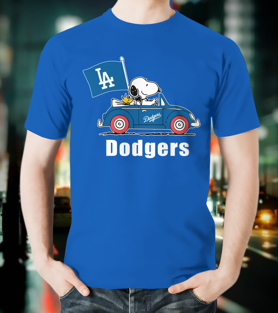 Dodgers Snoopy Woodstock Driving Car LA Flag T-Shirt