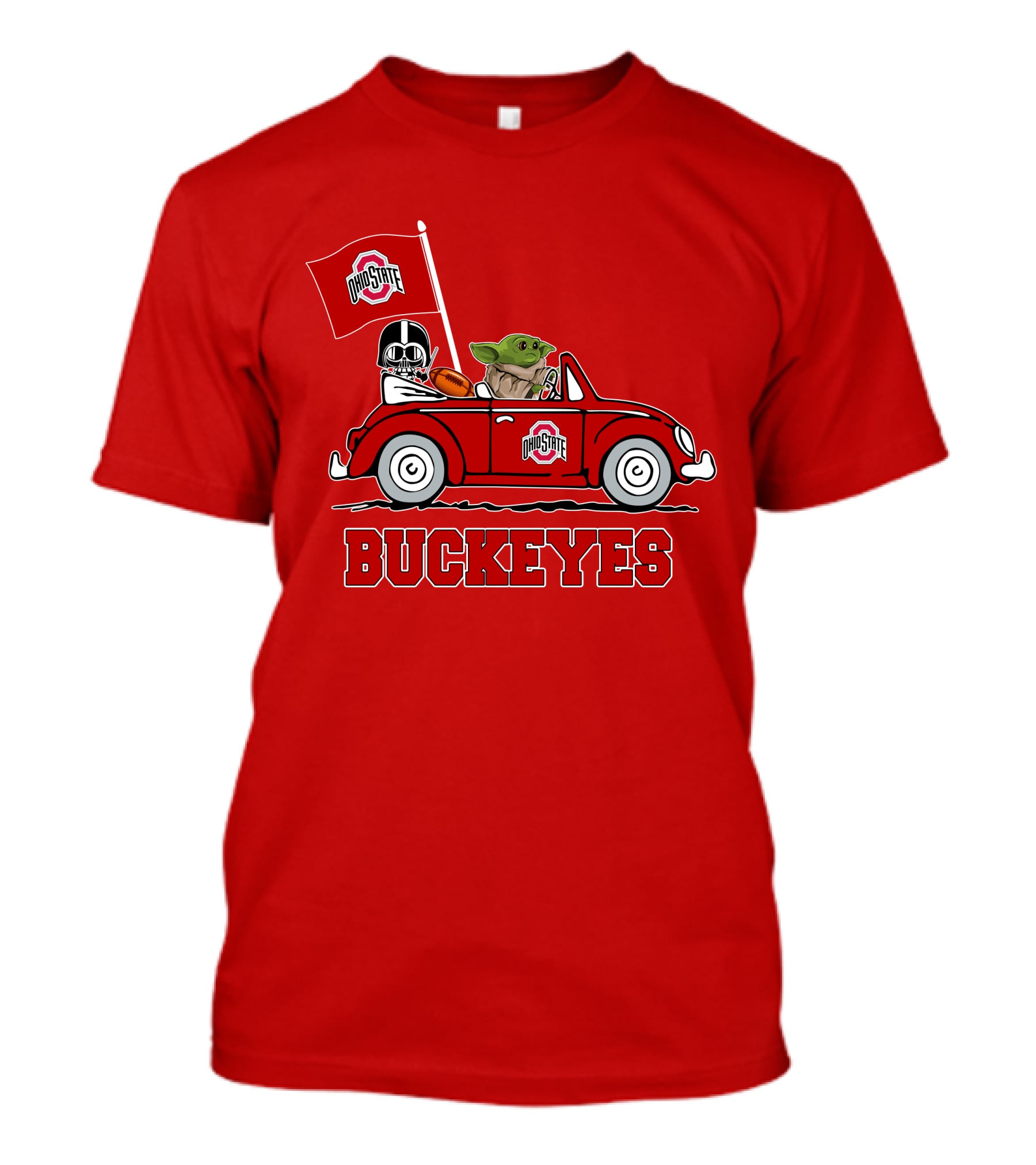 Ohio State Buckeyes Darth Vader Baby Yoda Driving Star Wars Car With Flag T-Shirt