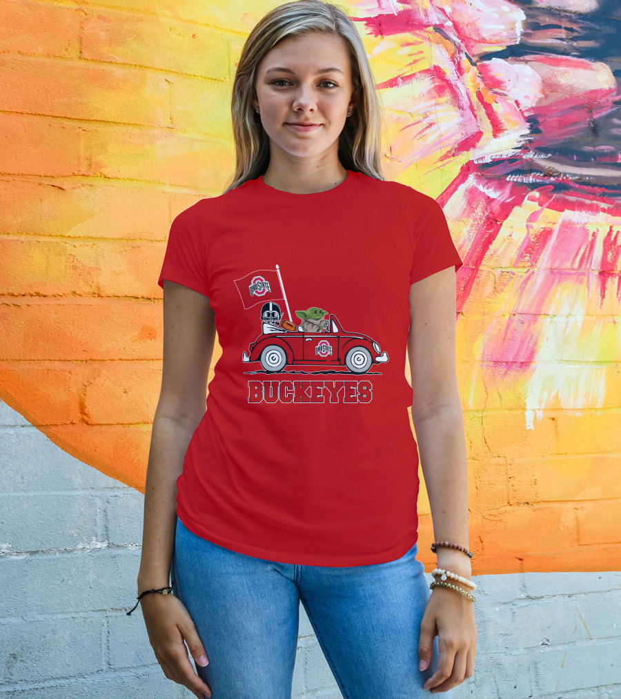 Ohio State Buckeyes Darth Vader Baby Yoda Driving Star Wars Car With Flag T-Shirt