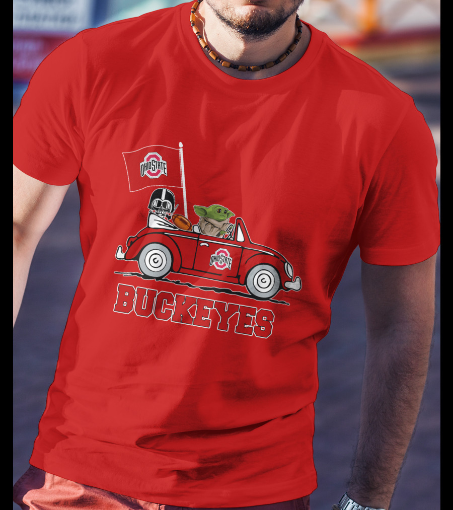 Ohio State Buckeyes Darth Vader Baby Yoda Driving Star Wars Car With Flag T-Shirt