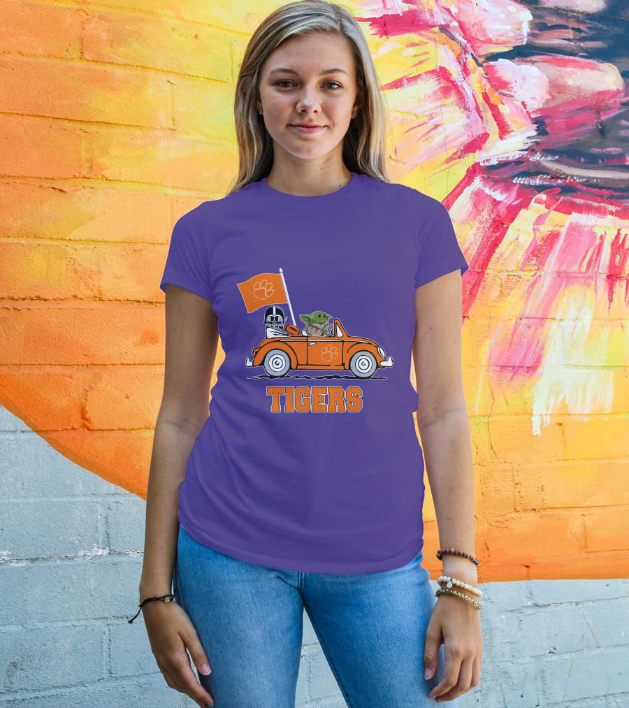 Clemson Tigers Darth Vader Baby Yoda Driving Star Wars Football Car T-Shirt